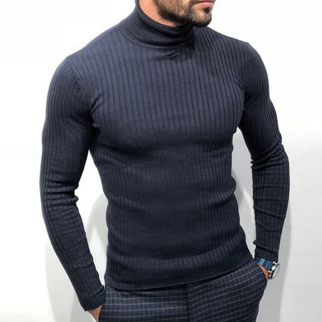 Suéter de manga larga de punto negro de cuello alto de primavera y otoño para hombre