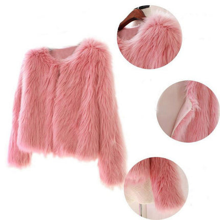 Abrigo de piel sintética rosa recortado de manga larga para mujer de invierno