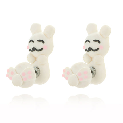 Cartoon Soft Pottery Cute White Upside Down Rabbit Round Tail Ohrringe