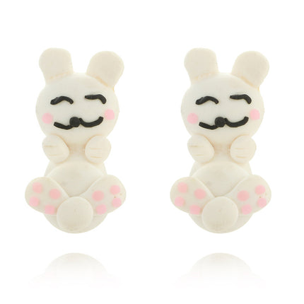 Cartoon Soft Pottery Cute White Upside Down Rabbit Round Tail Earrings