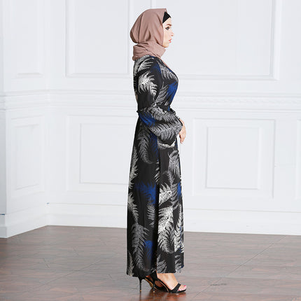 Plus Size Ladies Robe Muslim Print Long Sleeve Panel Dress
