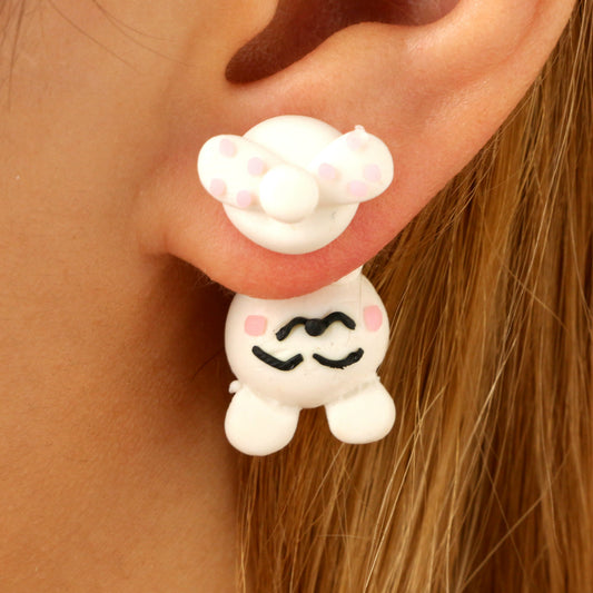 Cartoon Soft Pottery Cute White Upside Down Rabbit Round Tail Earrings