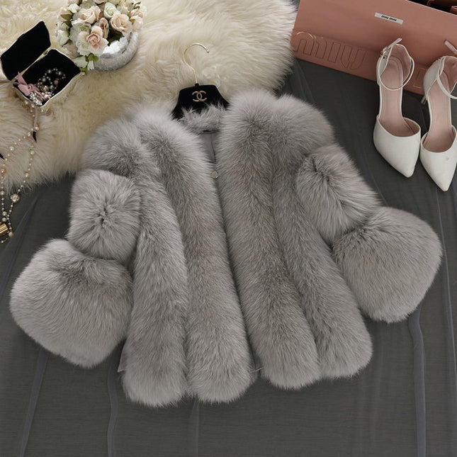 Wholesale Women's Winter Warm Fashion Faux Fox Fur Short Slim Panel Coat