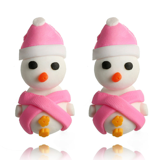Bonitos pendientes hechos a mano de muñeco de nieve de cerámica suave, pendientes de tuerca de Navidad