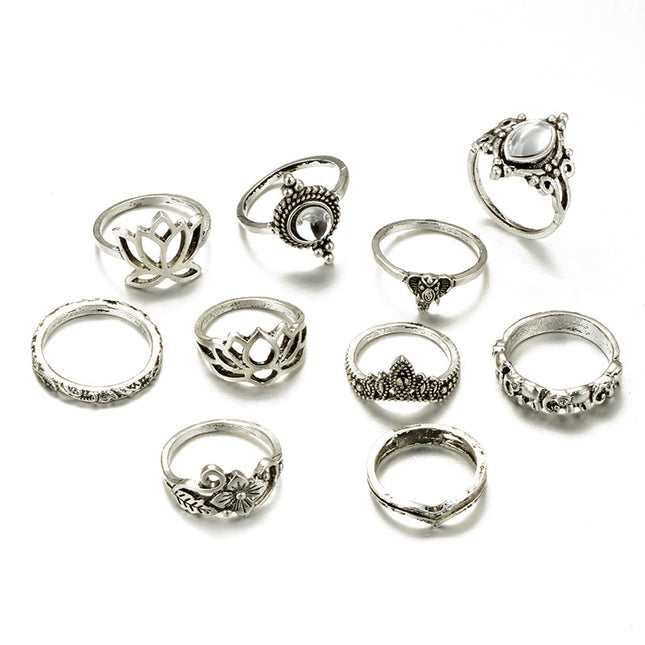 Hollow Carved Large Gemstone Lotus Shape 10-Piece Combination Ring