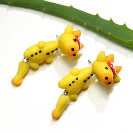 Handmade Soft Pottery Animals Cartoon Yellow Bow Cow Earrings