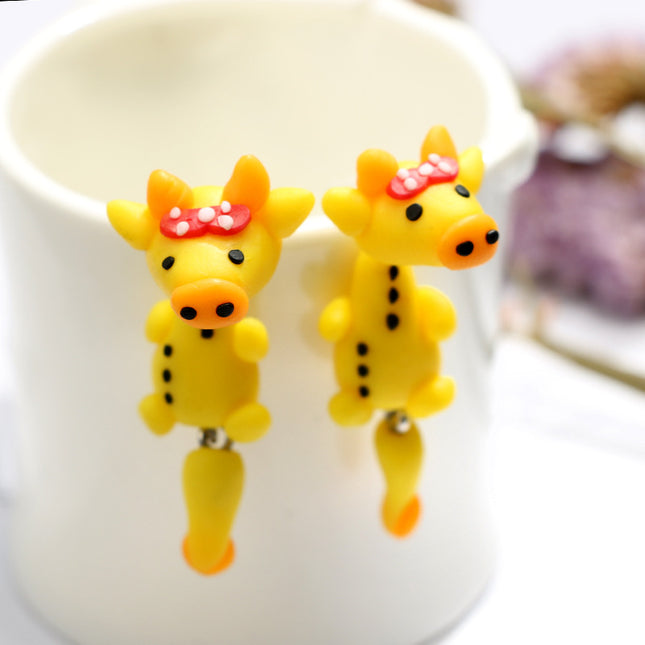 Handmade Soft Pottery Animals Cartoon Yellow Bow Cow Earrings