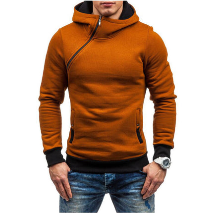 Wholesale Men's Fall Winter Pullover Diagonal Zipper Hooded Hoodies