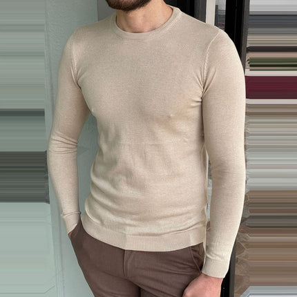 Suéter fino de manga larga con cuello redondo de primavera y otoño para hombre