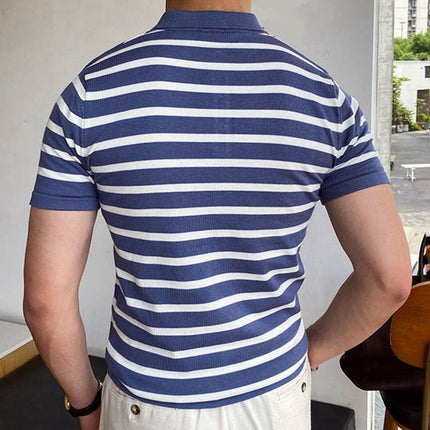 Camiseta de verano para hombre Polo de manga corta a rayas azules con solapa