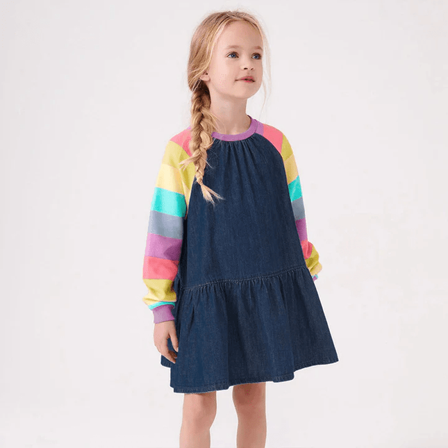 Vestido de mezclilla para niñas de manga larga con arcoíris de algodón de otoño para niños
