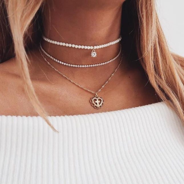 Women's Faux Freshwater Pearl Cross Love Clavicle Necklace