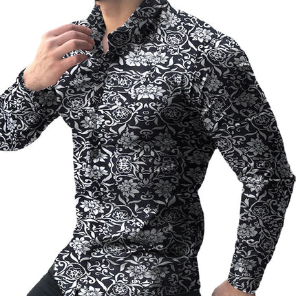 Camisa estampada delgada informal de manga larga para hombre de otoño