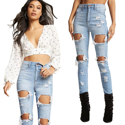 Wholesale Ladies Fashion High Waist Casual Ripped Jeans