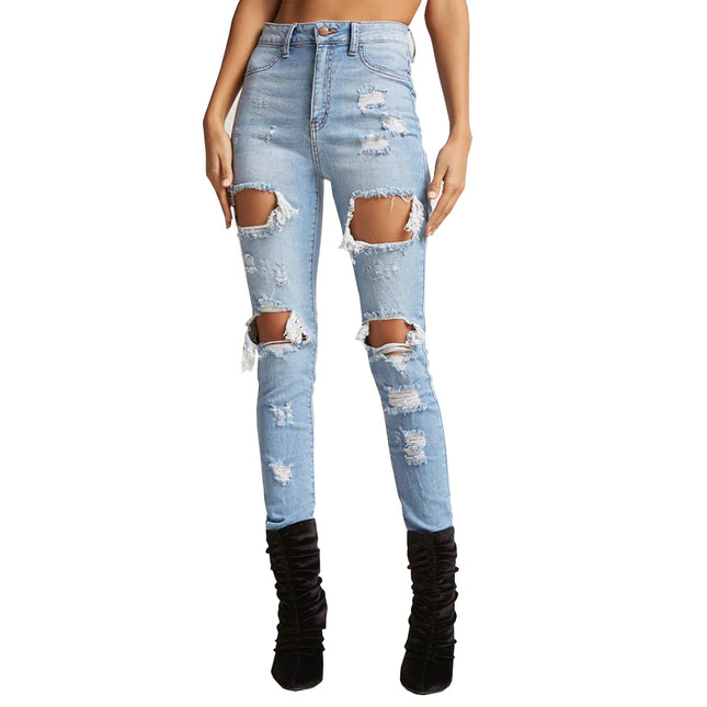 Wholesale Ladies Fashion High Waist Casual Ripped Jeans