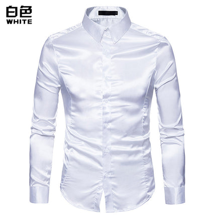 Wholesale Men's Solid Color Casual Shirt Bright Lapel Long Sleeve Shirt