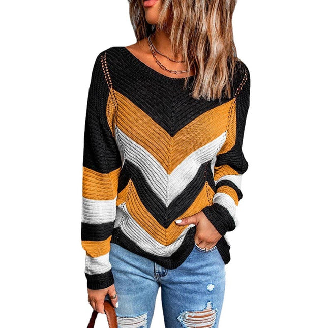 Women Autumn & Spring Color Blocking Casual Loose Knit Sweater