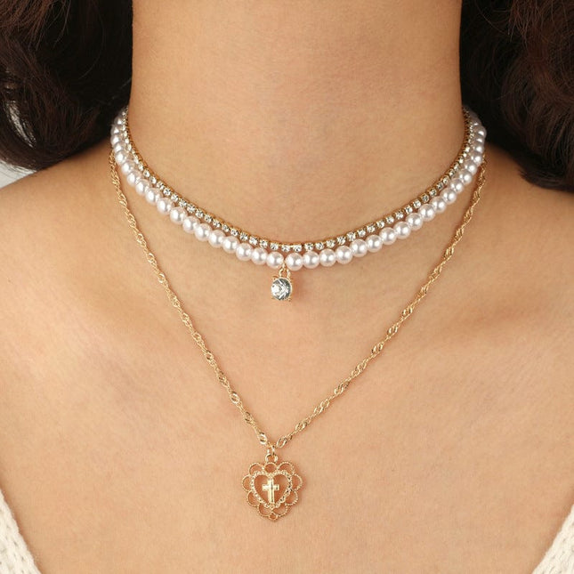 Women's Faux Freshwater Pearl Cross Love Clavicle Necklace