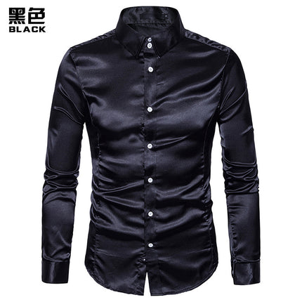 Wholesale Men's Solid Color Casual Shirt Bright Lapel Long Sleeve Shirt