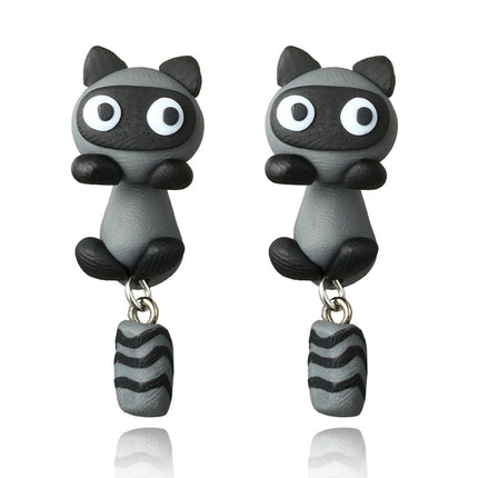Cartoon Handmade Soft Pottery Raccoon Earrings