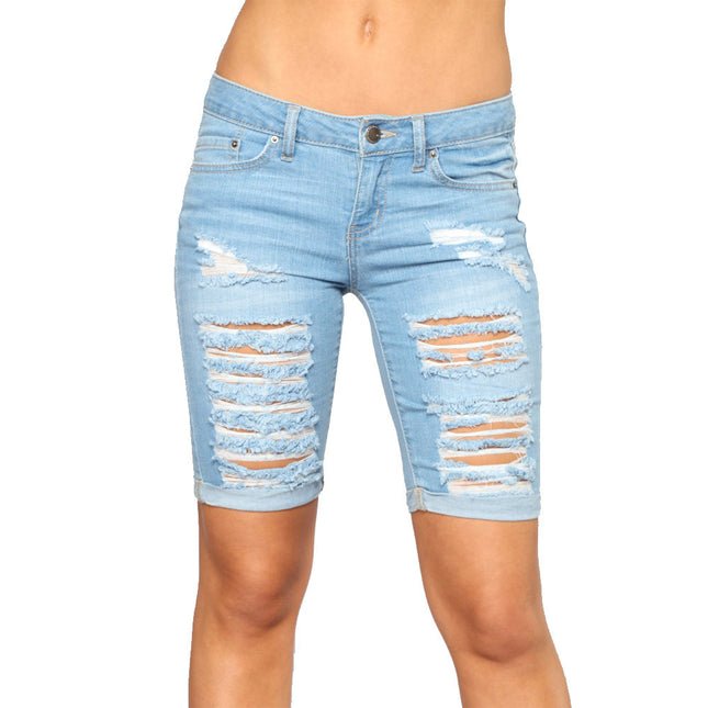Wholesale Women's Fashion Ripped Cuffed Mid Length Jeans