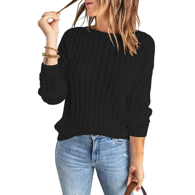 Women's Round Neck Hollow Long Sleeve Casual Sweater