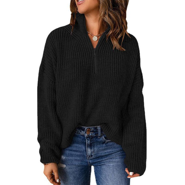 Women Autumn High Neck Zipper Strip Pullover Sweater