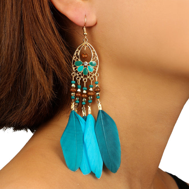 Fashion Exaggerated Leaf Feather Ball Earrings