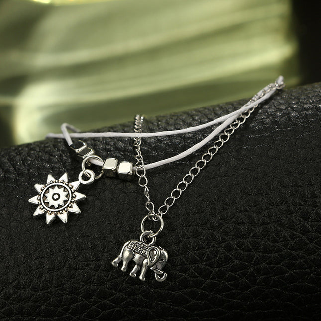 Elephant Sun Multilayer Leather Rope Square Bead Chain Anklet