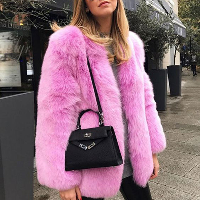 Wholesale Women's Plus Size Mid Length Fur Coat Jacket Faux Fox Fur
