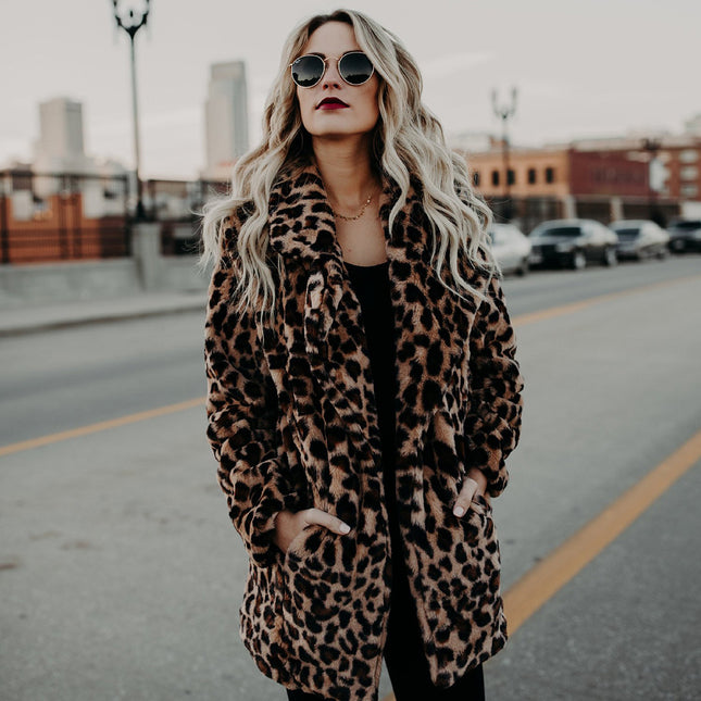 Wholesale Women's Leopard Print Coat Faux Fur Coat Mid Length Jackets