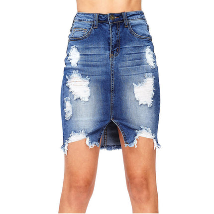 Wholesale Women's Spring Hole Bag Hip Lift Slim Denim Skirt
