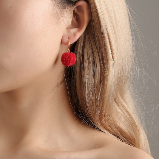 Wholesale Fashion Ladies Red Hairball Ear Hook Earrings