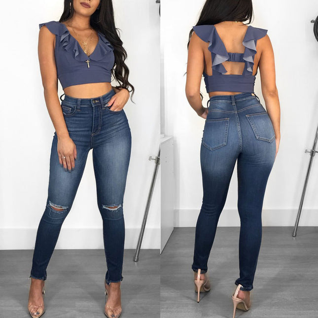 Wholesale Ladies Spring Ripped Skinny Hip Lift Fashion Jeans