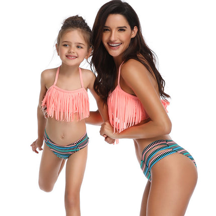 Mutter-Tochter-Eltern-Kind-Quasten-Split-Bikini-Badeanzug