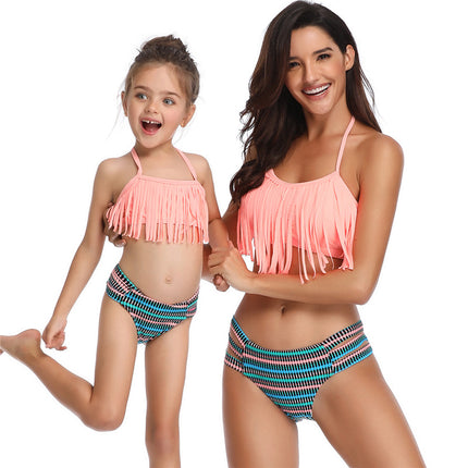 Mutter-Tochter-Eltern-Kind-Quasten-Split-Bikini-Badeanzug