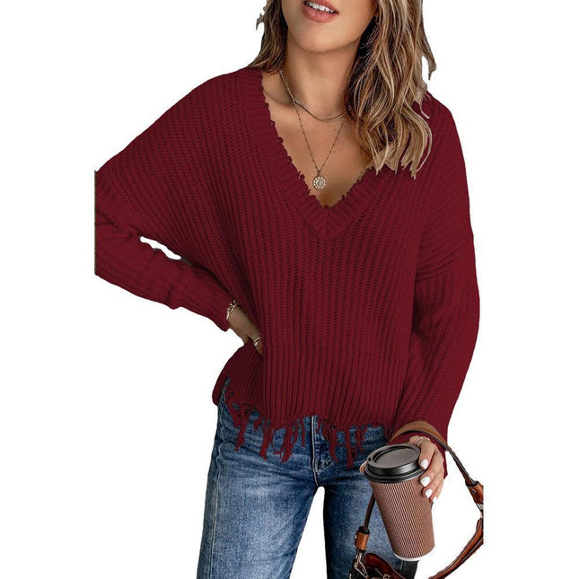 Lässiger Pullover mit V-Ausschnitt und Fransensaum aus Baumwolle für Damen