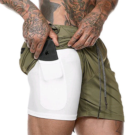 Pantalones cortos deportivos sueltos de doble capa con múltiples bolsillos para hombre