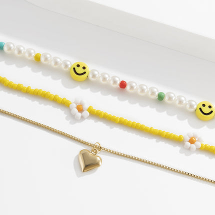 Smiley Face Pearl small Daisy Flower Rice Bead Necklace
