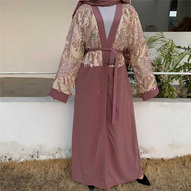 Damen Pailletten Quaste türkische muslimische Abaya Strickjacke Robe