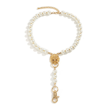 Pearl Lion Head Vintage Keychain Y Shape Tassel Necklace