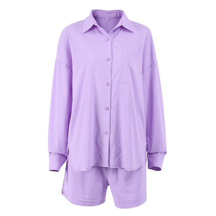 Wholesale Women's Cotton Thin Lapel Cardigan Shirt Shorts Two Piece Set