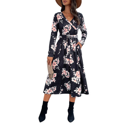 Wholesale Women's Fall Winter V-Neck Long Sleeve Printed Midi Dress