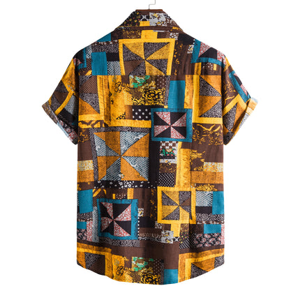 Wholesale Men's Printed Lapel Vintage Short Sleeve Shirt Top