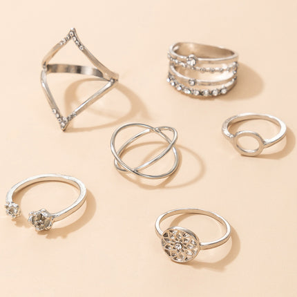 Shaped Silver Flower Rhinestone Fashion Rose 6-Piece Ring Set