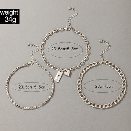 Silberne Schnallenkette mit Herz und geometrischem Fußkettchen, 3er-Set