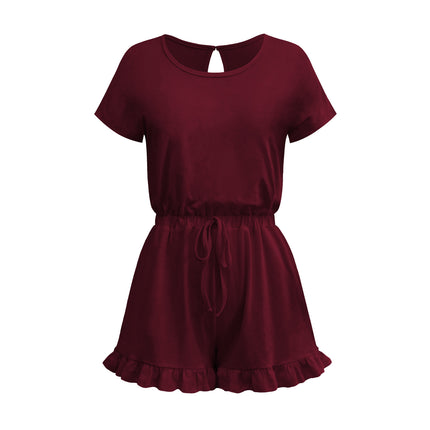 Wholesale Women's Summer Solid Color Short Sleeve Button Drawstring Jumpsuit
