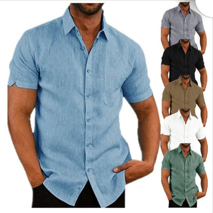 Camisa casual de verano de manga corta con solapa de color liso para hombre