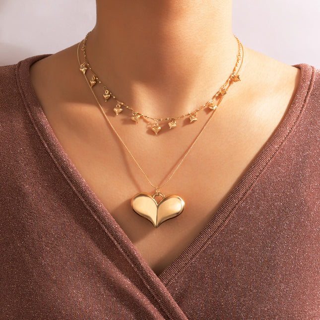 Wholesale Gold Geometric Heart Chain Double Layer Necklace