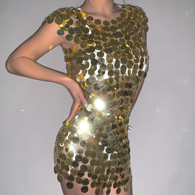 Sequin Layered Cutout Dress Disc Body Chain